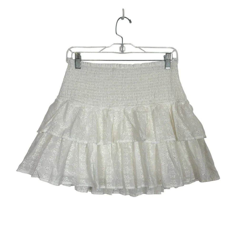 Eyelet Ruffle Mini Skirt SMALL White Cotton Smocked Boho Cottagecore Milkmaid